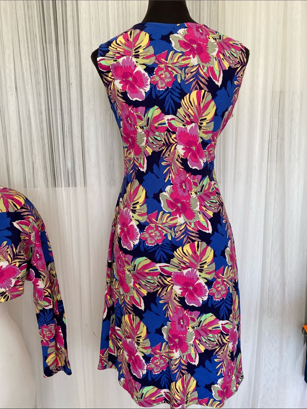 Handmade Tropical Floral A-Line Cotton Dress with Matching Bolero - Blue & Pink - Picture 6 of 8